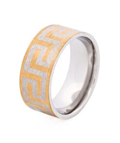 Ion Plated Yellow Gold Stainless Steel Ring with Frosted Greek Key Pattern