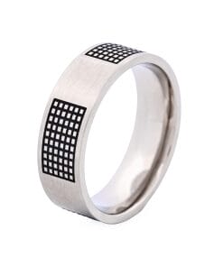 Brushed Stainless Steel Ring with Black Enamel Lattice Pattern
