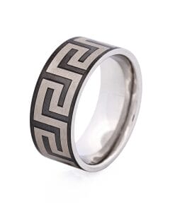 Ion Plated Black Stainless Steel Ring with Frosted Greek Key Pattern