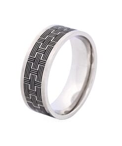 Brushed Stainless Steel Ring with Black enamel Brick Pattern