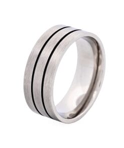 Brushed Stainless Steel Ring with Double Black Enamel Stripes
