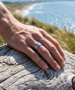 Alternative view of Brushed Ribbed Striped Stainless Steel Ring