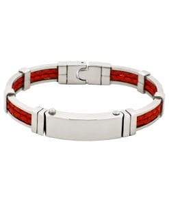 Polished Stainless Steel Bracelet with Double Strand Braided Red Leather