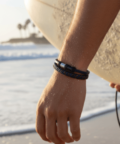 Alternative view of Matt Stainless steel with Dark Blue leather bracelet