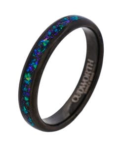 Tungsten Ring, Aurora Streamline - Slim black tungsten ring with shimmering opal inlay