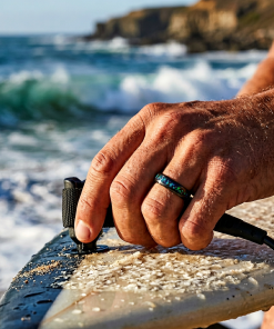 Alternative view of Tungsten Ring, Aurora Streamline - Slim black tungsten ring with shimmering opal inlay