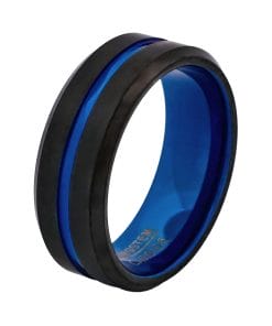 Cudworth Brushed Black and Blue Ion Plated Tungsten Ring - Titanium Blue Core