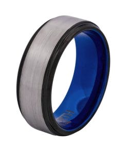 Cudworth Brushed Natural Tungsten Ring with Black Edge and Blue Interior - Atlas Blue
