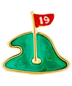 Enamel pin showing a small golf green with a gold outline and a red flag marked '19' at the hole.