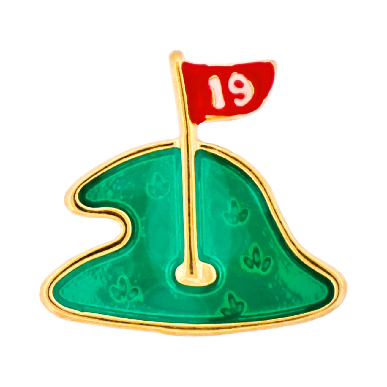 51084 | Cudworth Enamel pin showing a small golf green with a gold outline and a red flag marked '19' at the hole.