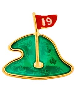 Gold-outlined pin shaped like a golf green with a red flag marked '19' on the hole's mast.