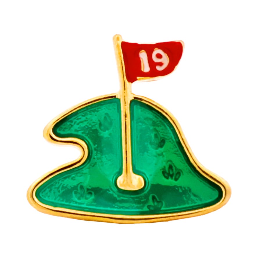 510841 | Cudworth Gold-outlined pin shaped like a golf green with a red flag marked '19' on the hole's mast.