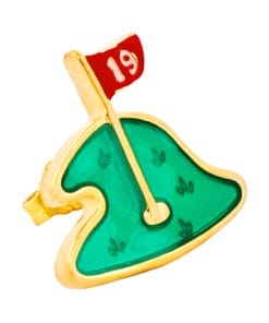 Gold-tone enamel pin of a green golf hole with a small red flag marked 19