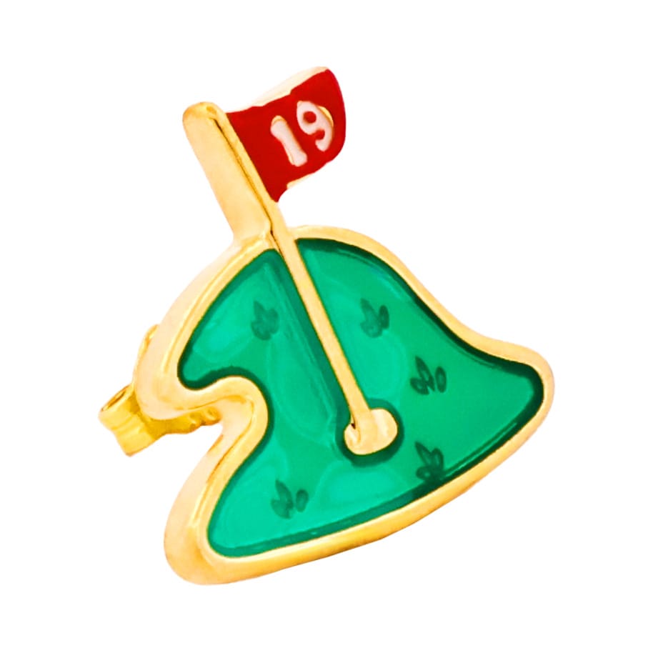 510842 | Cudworth Gold-tone enamel pin of a green golf hole with a small red flag marked 19