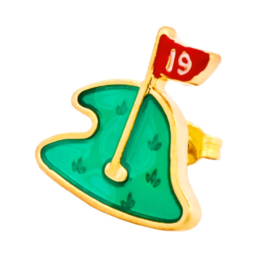 510843 | Cudworth Gold enamel pin shaped like a golf green with a red flag marked '19' planted in it.