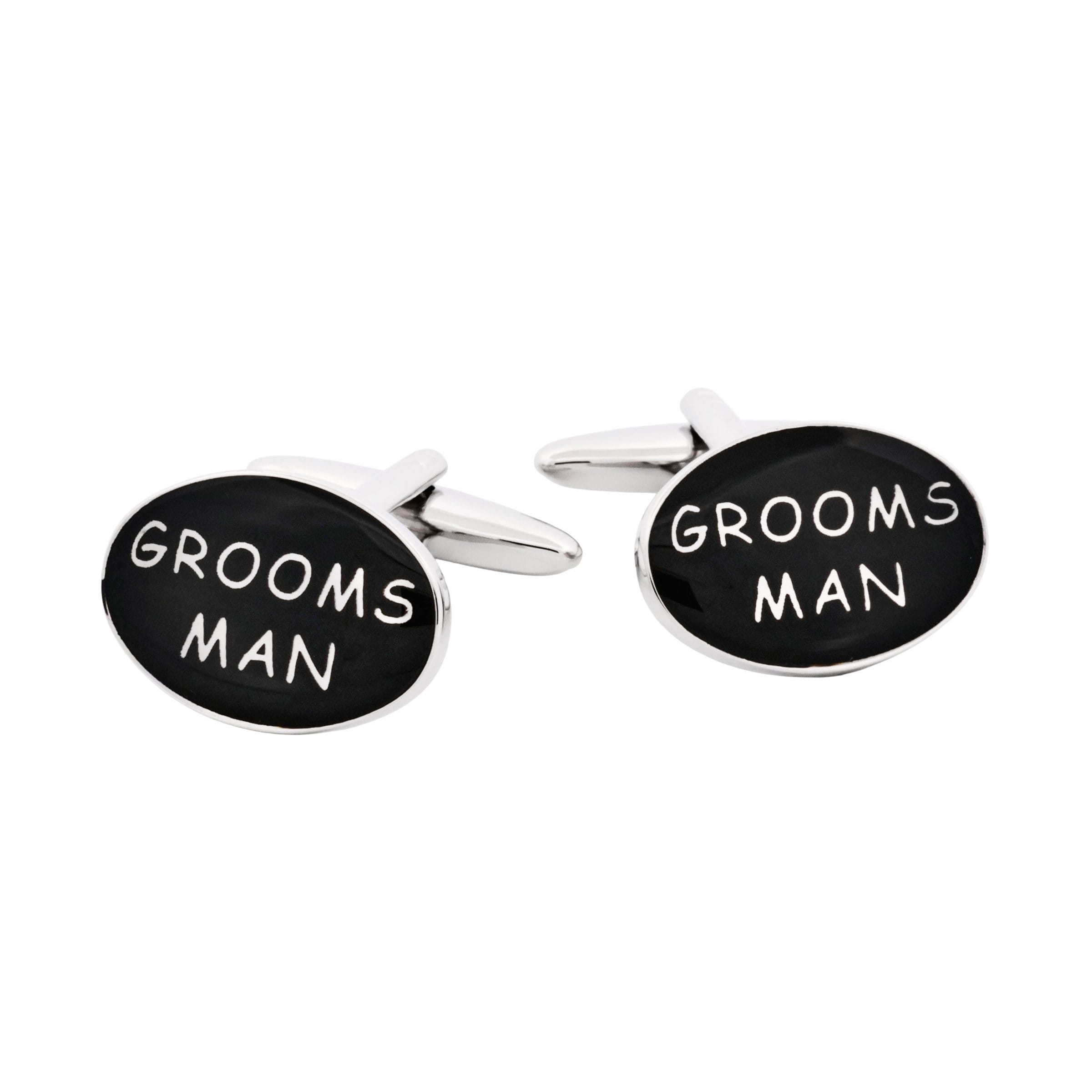 206-11E | Cudworth Pair of black round cufflinks with white handwritten text on the faces and silver hardware against a white background.