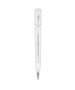 Vertical view of a silver fountain pen with a knurled grip against a white background, nib at the bottom