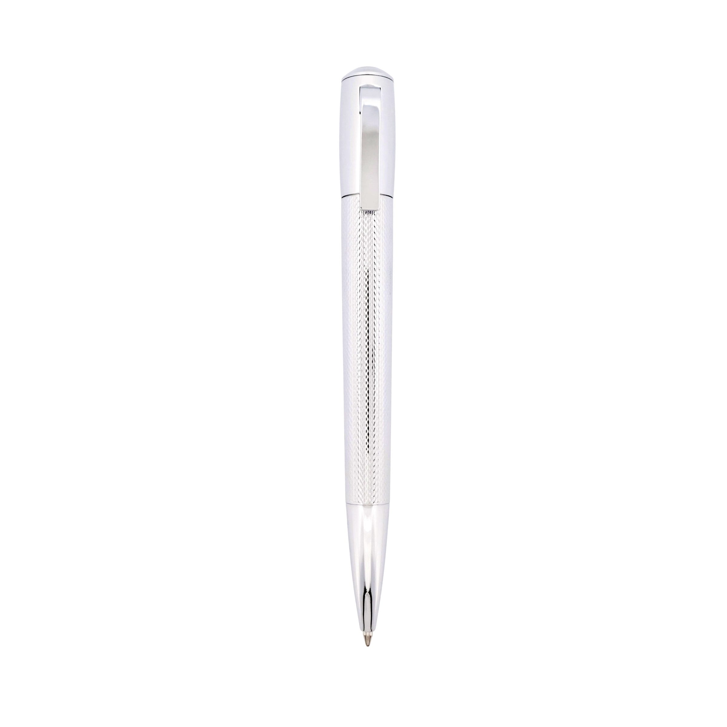 800-44 | Cudworth Vertical view of a silver fountain pen with a knurled grip against a white background, nib at the bottom