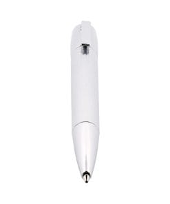 Close-up of a white fountain pen nib with a chrome tip against a white background, viewed from above
