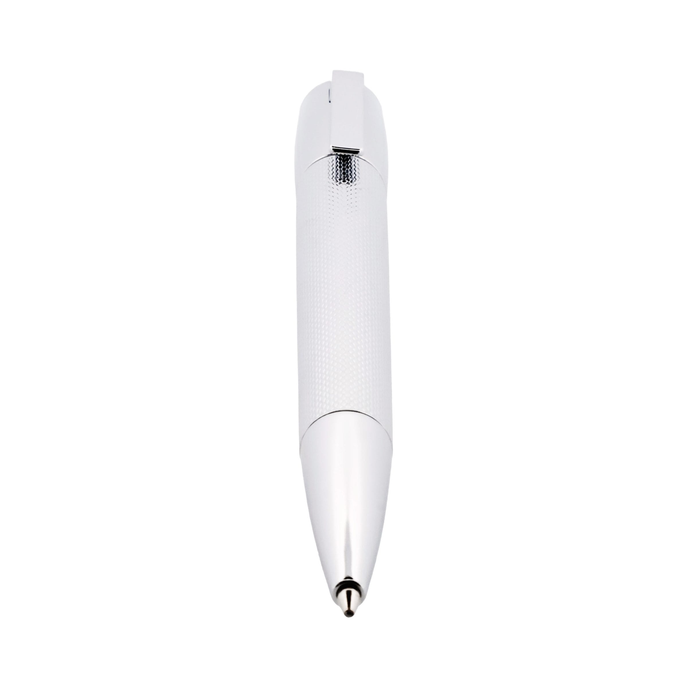 800-441 | Cudworth Close-up of a white fountain pen nib with a chrome tip against a white background, viewed from above