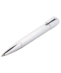Close-up of a silver metal ballpoint pen on a white background, angled diagonally across the image.