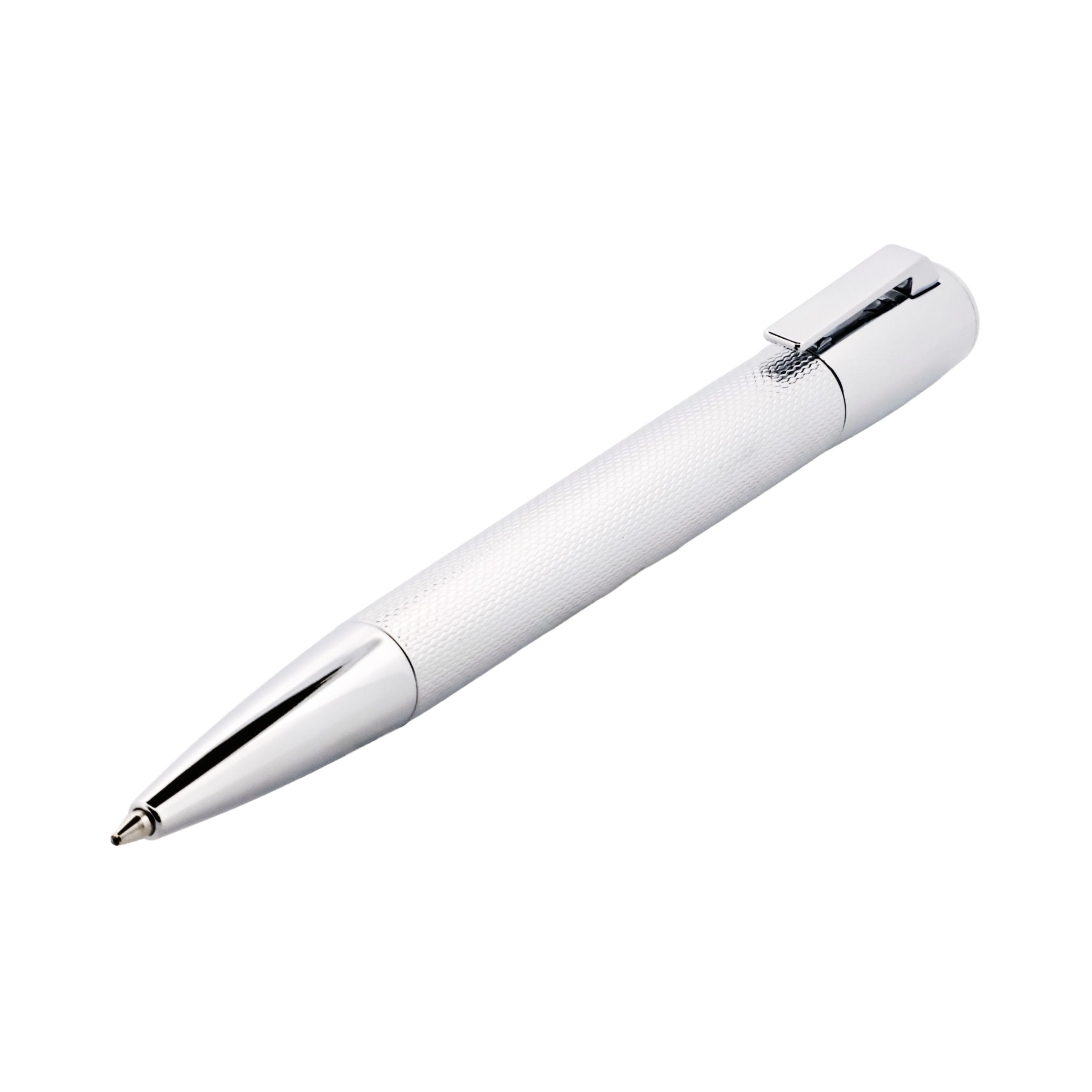 800-443 | Cudworth Close-up of a silver metal ballpoint pen on a white background, angled diagonally across the image.