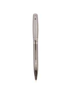 Close-up of a silver fountain pen nib, pointing downward, with metal body visible at the bottom of the image