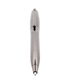 Close-up of a silver pen tip viewed from above, pointing downward.