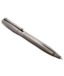 Close-up of a sleek silver pen with a chrome barrel and pointed tip on a white background, diagonal pose