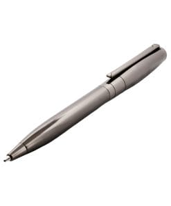 Close-up of a metallic silver ballpoint pen tip against a white background, diagonal orientation.