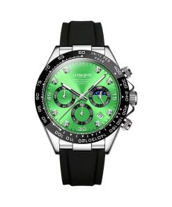 Cudworth chronograph watch with green dial, diamond markers, date window at 4 o'clock, black tachymeter bezel, and black rubber strap.