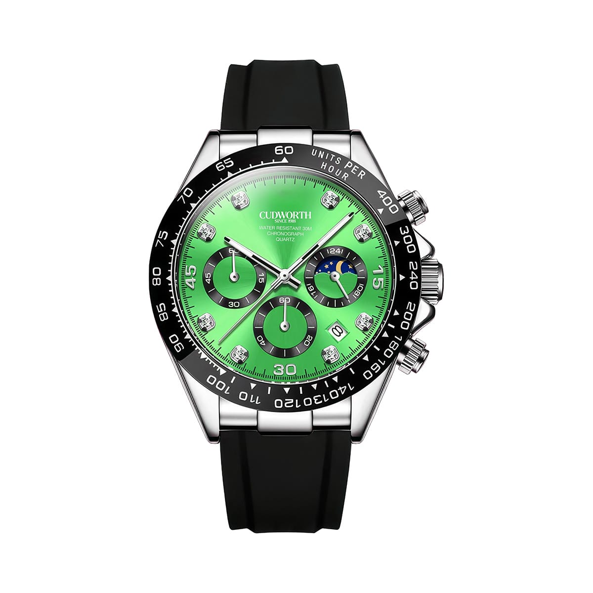 CU2875WTGR | Cudworth Cudworth chronograph watch with green dial, diamond markers, date window at 4 o'clock, black tachymeter bezel, and black rubber strap.