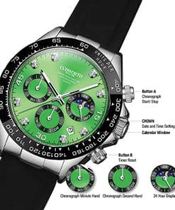 Green-dial chronograph wristwatch with multiple subdials and diamond markers, black bezel, and black strap.