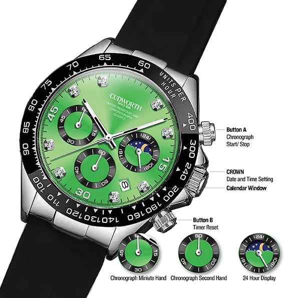 CU2875WTGR02 | Cudworth Green-dial chronograph wristwatch with multiple subdials and diamond markers, black bezel, and black strap.