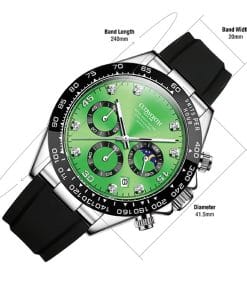 Product diagram of a green-faced chronograph wristwatch with a black strap, showing band length 240 mm, band width 20 mm, and diameter 41.5 mm.