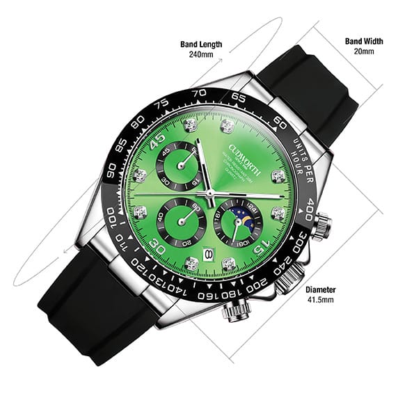 CU2875WTGR03 | Cudworth Product diagram of a green-faced chronograph wristwatch with a black strap, showing band length 240 mm, band width 20 mm, and diameter 41.5 mm.