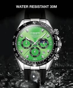 Wristwatch with a green dial, diamond markers, three subdials, and a black strap; stainless steel case and water-splash background emphasizing its sporty, water-resistant design.