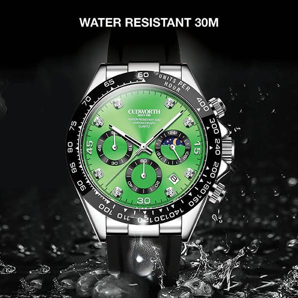 CU2875WTGR04 | Cudworth Wristwatch with a green dial, diamond markers, three subdials, and a black strap; stainless steel case and water-splash background emphasizing its sporty, water-resistant design.