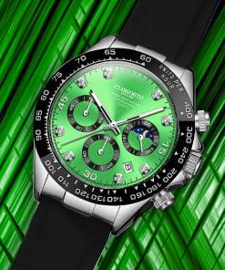 Green dial chronograph watch with three subdials, diamond markers, and a black strap against a neon green background