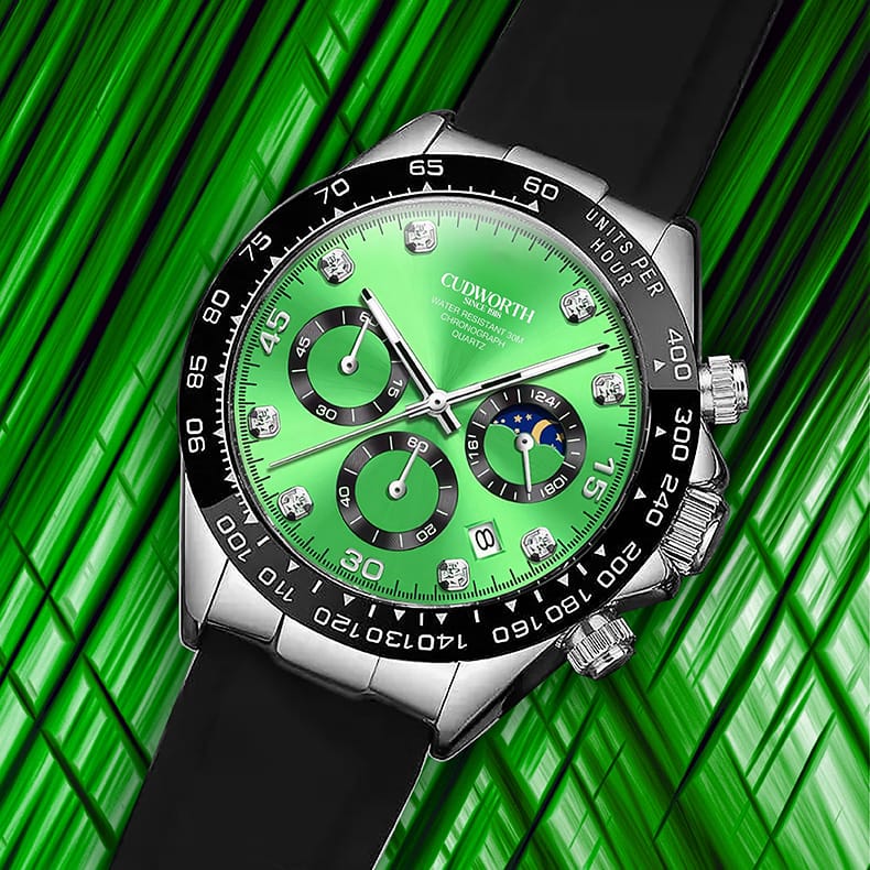 CU2875WTGR06 | Cudworth Green dial chronograph watch with three subdials, diamond markers, and a black strap against a neon green background