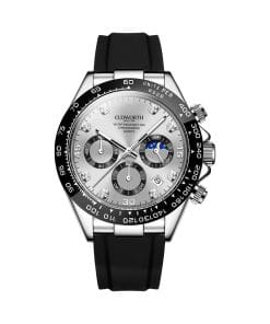 Stainless steel chronograph watch with a black rubber strap, silver dial, three subdials, and a black tachymeter bezel.