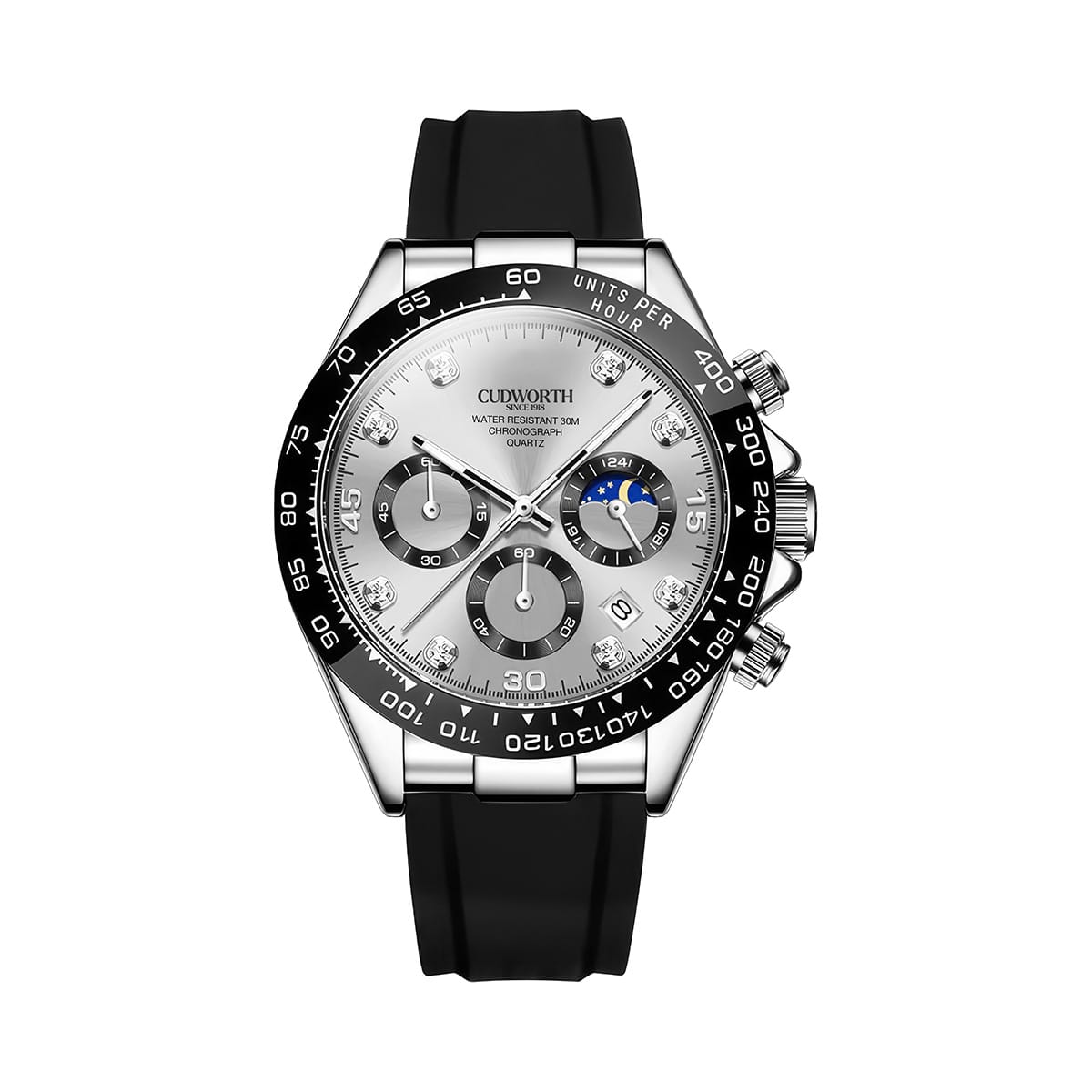 CU2875WTSV | Cudworth Stainless steel chronograph watch with a black rubber strap, silver dial, three subdials, and a black tachymeter bezel.