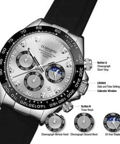 Curtworth chronograph wristwatch with silver dial, black bezel, three subdials, calendar window, date display, and a black strap.