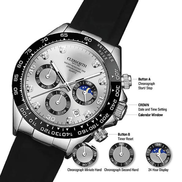 CU2875WTSV02 | Cudworth Curtworth chronograph wristwatch with silver dial, black bezel, three subdials, calendar window, date display, and a black strap.
