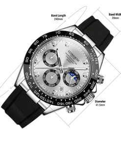 Silver chronograph wristwatch with a black band and three subdials; overlay shows band length 240 mm, band width 20 mm, and diameter 41.5 mm.
