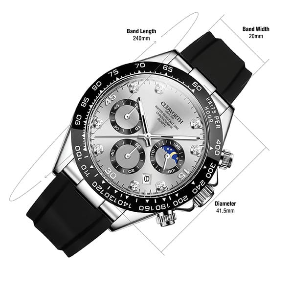 CU2875WTSV03 | Cudworth Silver chronograph wristwatch with a black band and three subdials; overlay shows band length 240 mm, band width 20 mm, and diameter 41.5 mm.
