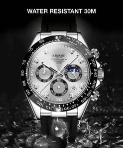 Cudworth stainless steel chronograph watch with silver dial, black bezel, subdials, and black strap; water resistant 30m; splashy background.