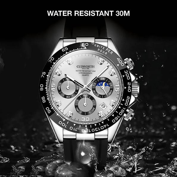 CU2875WTSV04 | Cudworth Cudworth stainless steel chronograph watch with silver dial, black bezel, subdials, and black strap; water resistant 30m; splashy background.